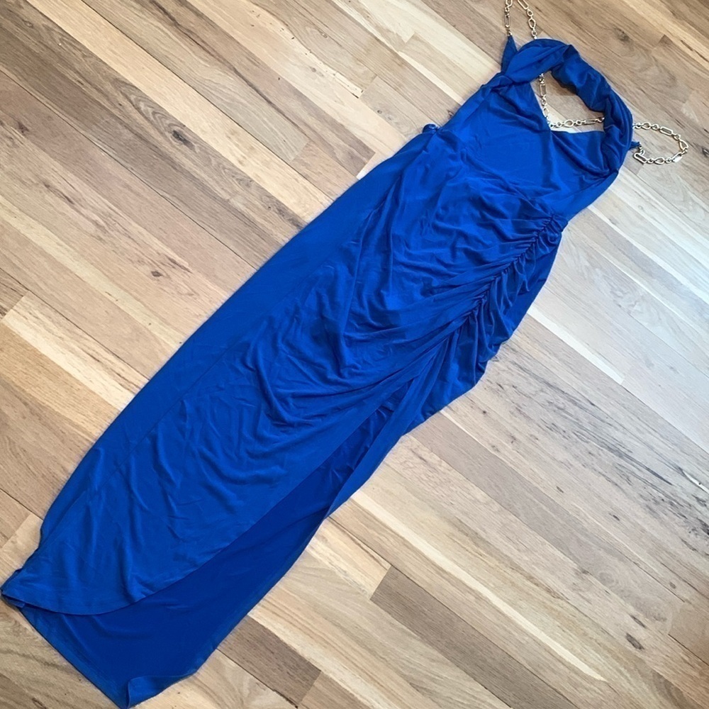 NWT Here Comes The Sun Halter Top Backless High Slit Royal Blue Dress Women’s S